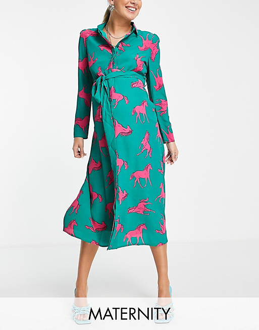 Women Twisted Wunder Maternity horse print shirt dress in green 