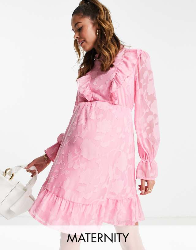 Twisted Wunder Maternity long sleeve mini dress with frill detail in pink