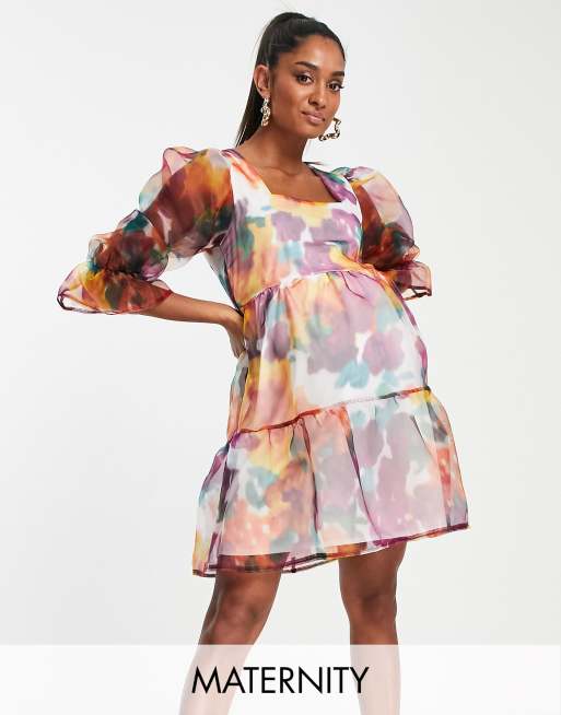 Twisted Wunder Maternity – Luźna sukienka mini z organzy w akwarelowy wzór w kwiaty