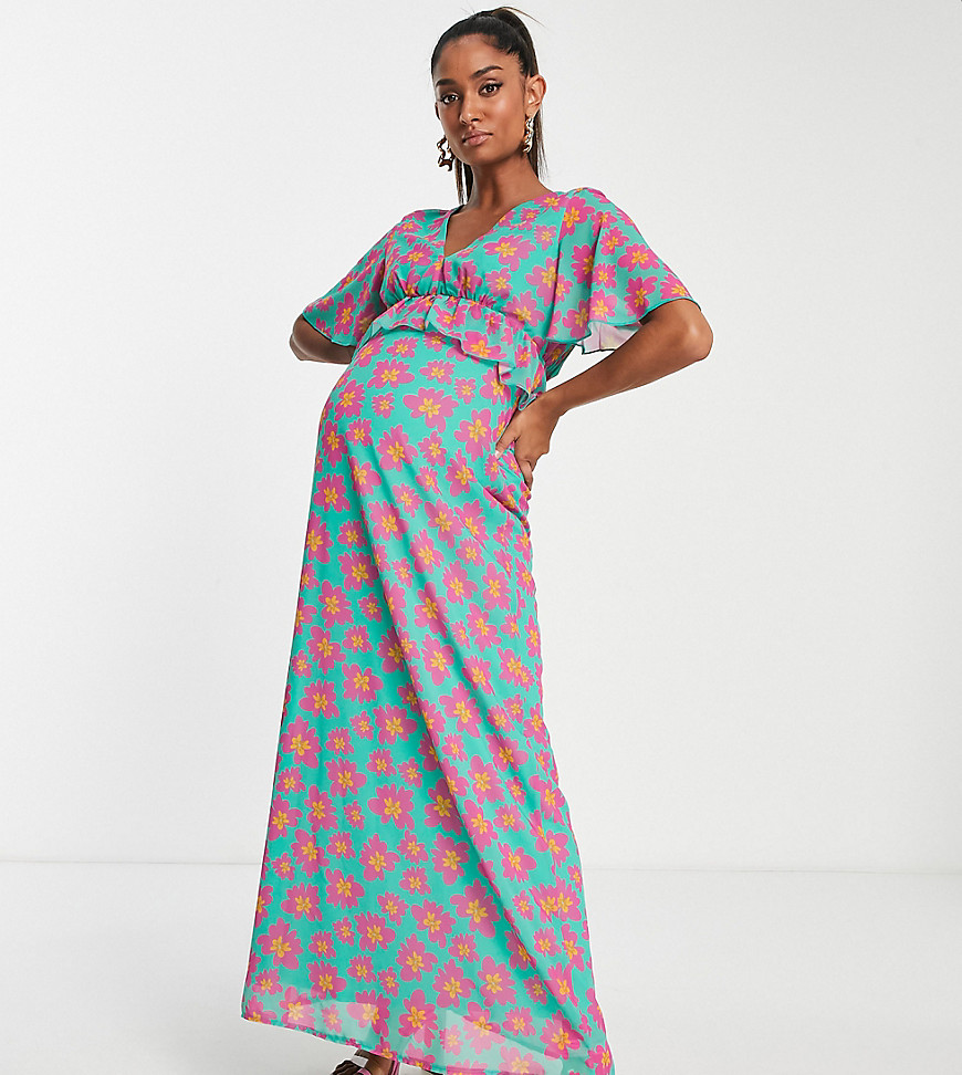 Twisted Wunder Maternity maxi dress in bright floral with frill detail-Blue