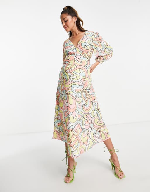 Twisted Wunder Maternity Midi jurk met ballonmouwen en wervelprint in pastelkleuren