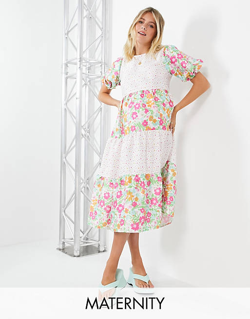 Twisted Wunder Maternity midi smock dress in mixed patchwork floral