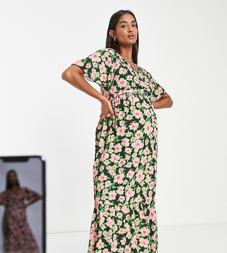 Twisted Wunder Maternity Midi Wrap Dress In Spring Floral Print-Pink