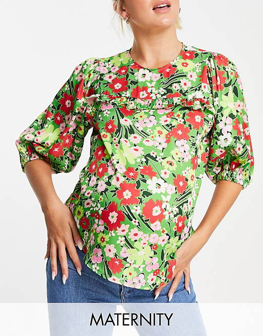 Twisted Wunder Maternity puff sleeve blouse in green base painted floral