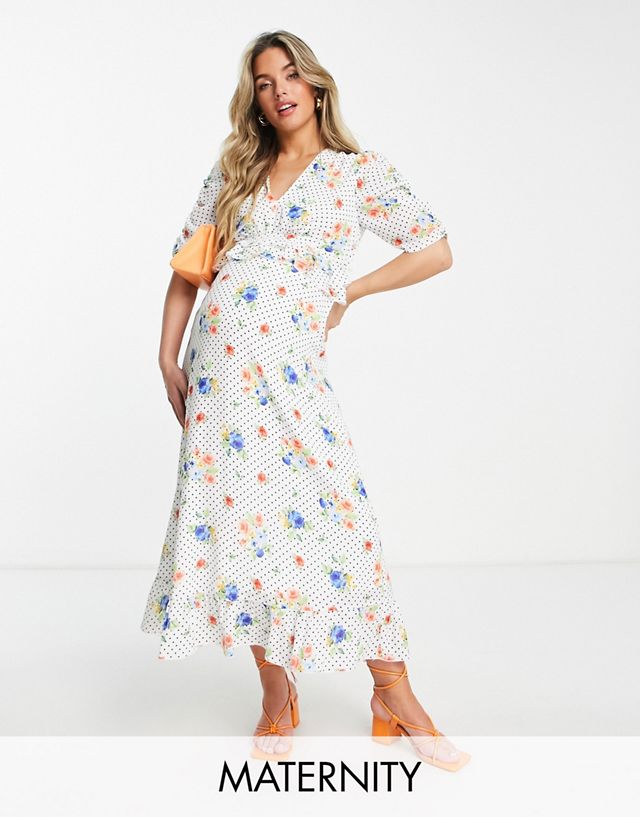 Twisted Wunder Maternity puff sleeve midi dress in spot floral