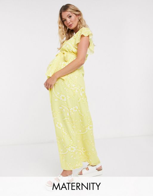 Twisted Wunder Maternity ruffle maxi dress in lemon floral
