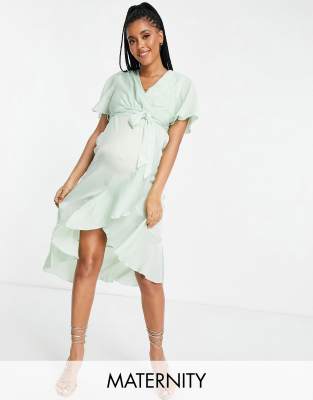 Twisted Wunder Maternity Satin Wrap Front Midi Dress In Mintgreen