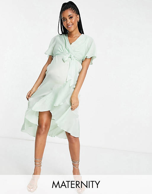  Twisted Wunder Maternity satin wrap front midi dress in mint 