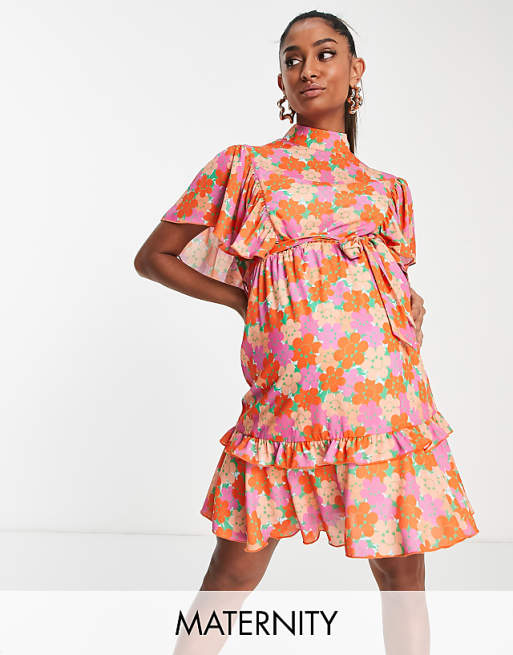 Casual Bronzing Pattern Patchwork Ruffle Contrast Button Collar A Line Dresses Casual Bronzing Pattern Patchwork Ruffle Contrast Button Collar A Line Dresses