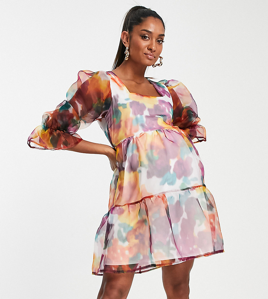 Twisted Wunder Maternity smock mini organza dress in watercolour floral-Multi