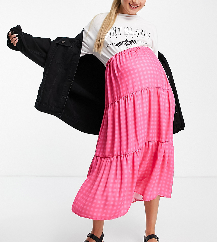 Twisted Wunder Maternity tiered midi skirt in contrast pink check-Multi