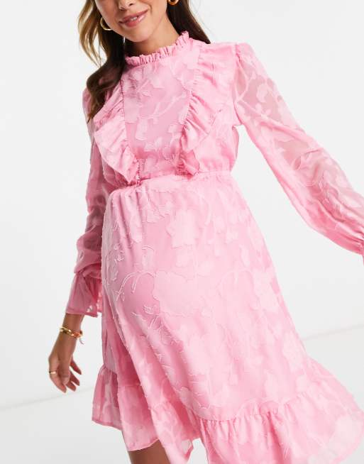 Twisted Wunder Maternity - Vestito corto a maniche lunghe rosa con volant, 3 di 4