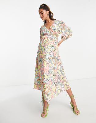 Vestito midi con maniche a palloncino e stampa astratta pastello-Multicolore - Twisted Wunder Maternity  donna Multicolore - immagine1