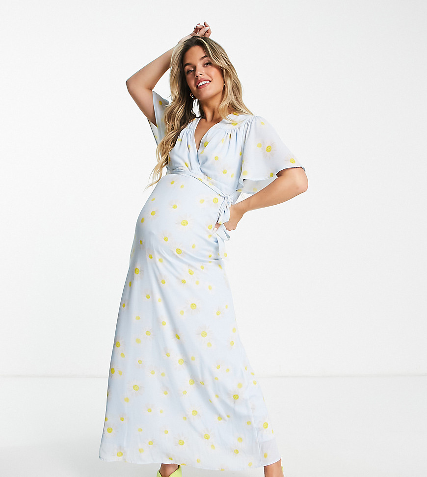 Twisted Wunder Maternity wrap front midi dress in daisy print-Blue