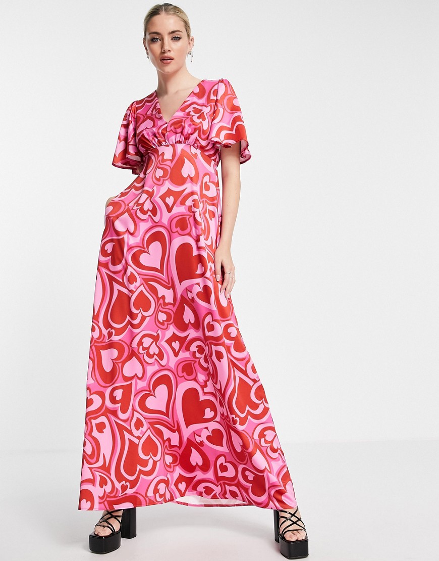 Twisted Wunder maxi dress with flutter sleeves in pink heart print