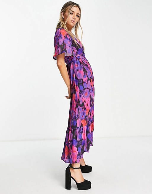 Twisted Wunder midi wrap dress in smudge floral print
