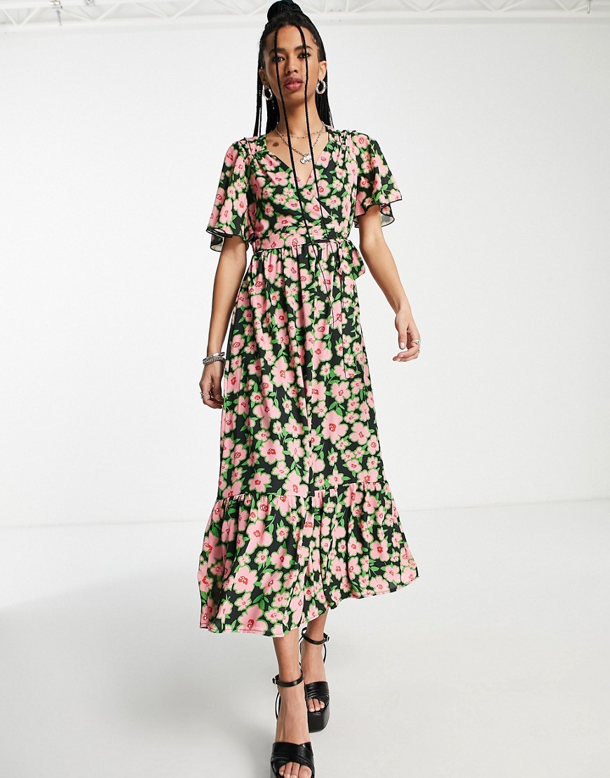 Twisted Wunder midi wrap dress in spring floral print-Pink
