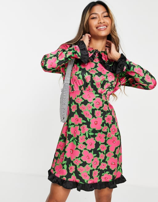 Twisted Wunder mini dress with bib collar in pink and black floral | ASOS