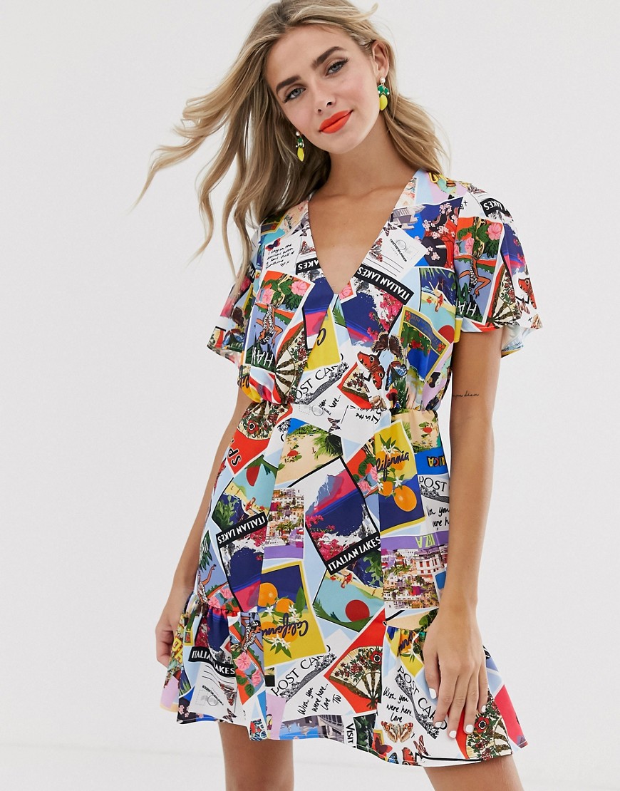 Twisted Wunder - Mini-jurk met V-hals met postkaartprint-Multi