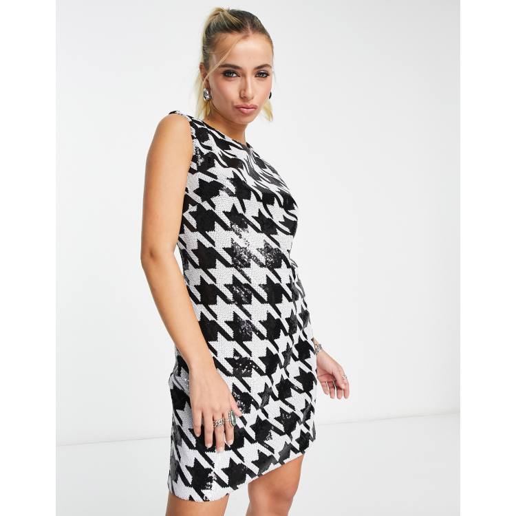 Houndstooth Sequin Mini Dress - Black