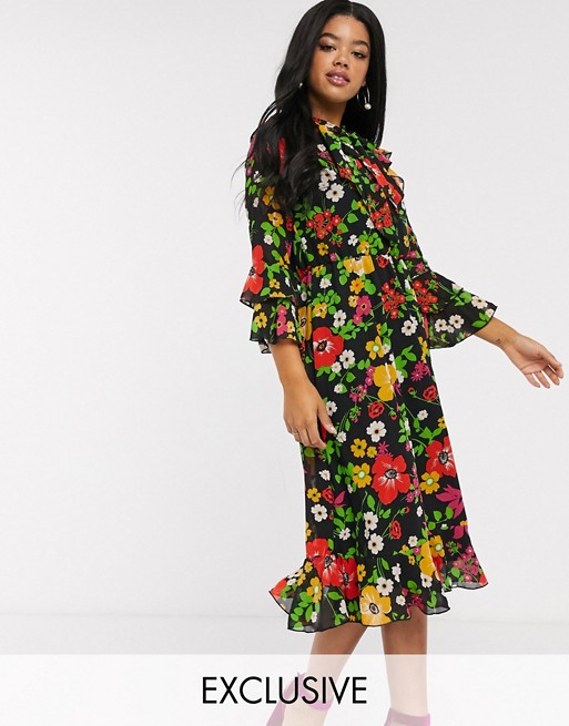 Twisted Wunder neck tie midi dress with ruffle hem sleeves in pop floral