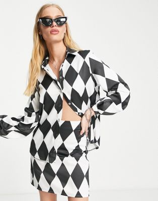 Twisted Wunder oversized shirt in diamond checkerboard co-ord