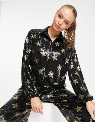 Twisted Wunder oversized shirt in sequin star print co-ord
