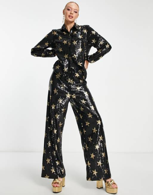 Twisted Wunder - Pantaloni a fondo ampio con stampa di stelle di paillettes in coordinato