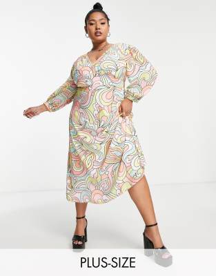 Twisted Wunder Plus Twisted Wunder Plus balloon sleeve midi dress in pastel swirl print-Multi