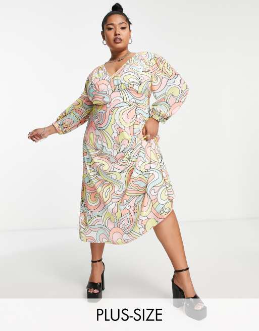 Twisted Wunder Plus balloon sleeve midi dress in pastel swirl print | ASOS