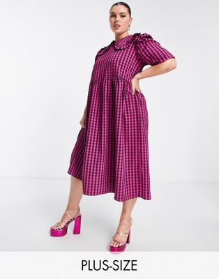 Twisted Wunder Plus  collar print check dress in pink