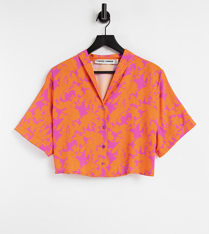 Twisted Wunder Plus - Cropped overhemd met open kraag in oranje en roze bloemenprint-Meerkleurig