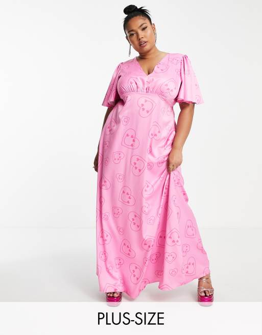 Twisted Wunder Plus flutter sleeve maxi dress in happy heart print