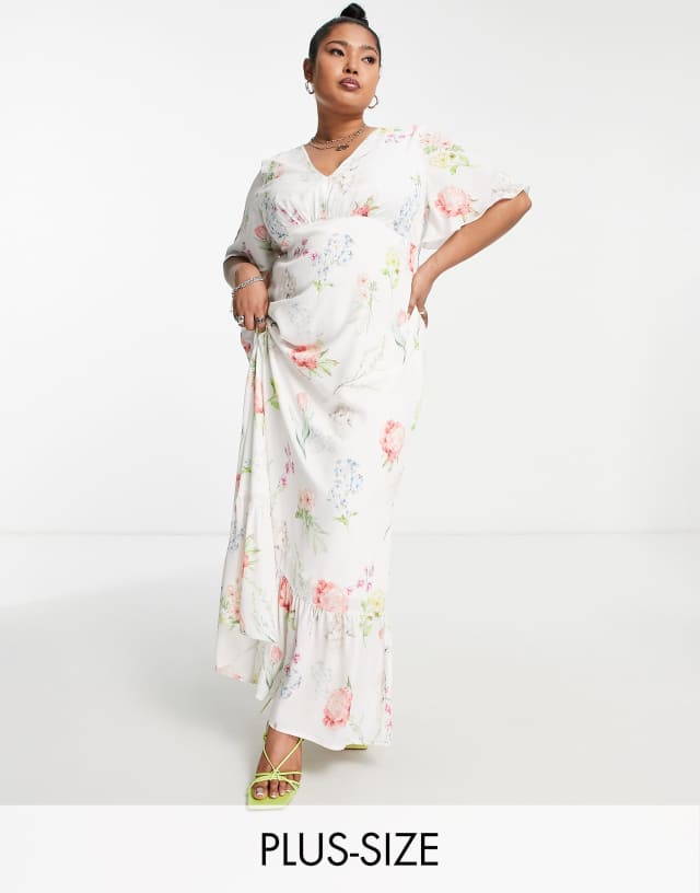 Twisted Wunder Plus flutter sleeve maxi tea dress in botanical floral