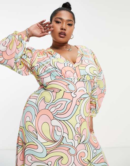 Twisted Wunder Plus Midi jurk met pofmouwen en wervelende print