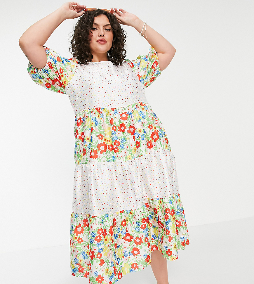 Twisted Wunder Plus midi smock dress in mixed patchwork floral and dots-Multi