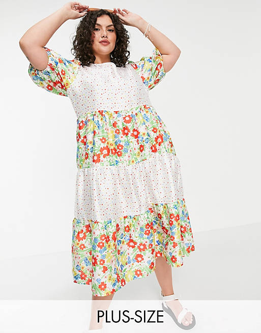 Twisted Wunder Plus midi smock dress in mixed patchwork floral and dots