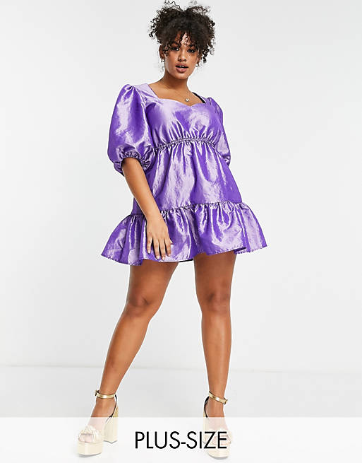 Women Twisted Wunder Plus mini smock dress with puff sleeves in purple 