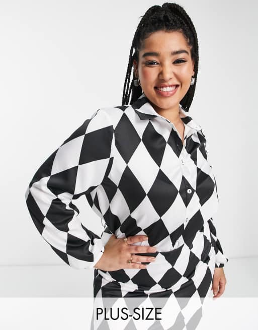 Twisted Wunder Plus oversized shirt in diamond checkerboard co-ord