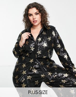 Twisted Wunder Plus oversized shirt in sequin star print co-ord