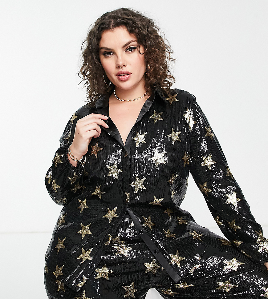 Twisted Wunder Plus oversized shirt in sequin star print - part of a set-Gold