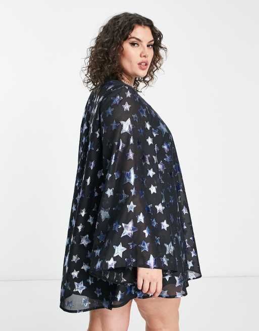 Twisted Wunder Plus retro bell sleeve mini swing dress in blue star print, 2 of 4