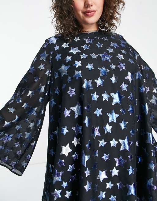 Twisted Wunder Plus retro bell sleeve mini swing dress in blue star print, 3 of 4