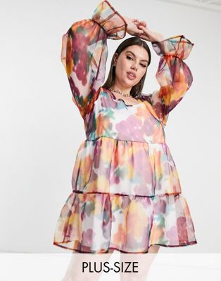 Twisted Wunder Plus smock mini organza dress in watercolour floral