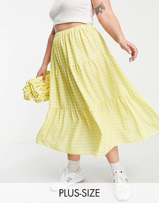 Skirts Twisted Wunder Plus tiered midi skirt in contrast yellow check 
