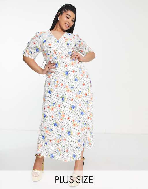 Twisted Wunder Plus - Vestito lungo a fiori e pois con maniche a sbuffo
