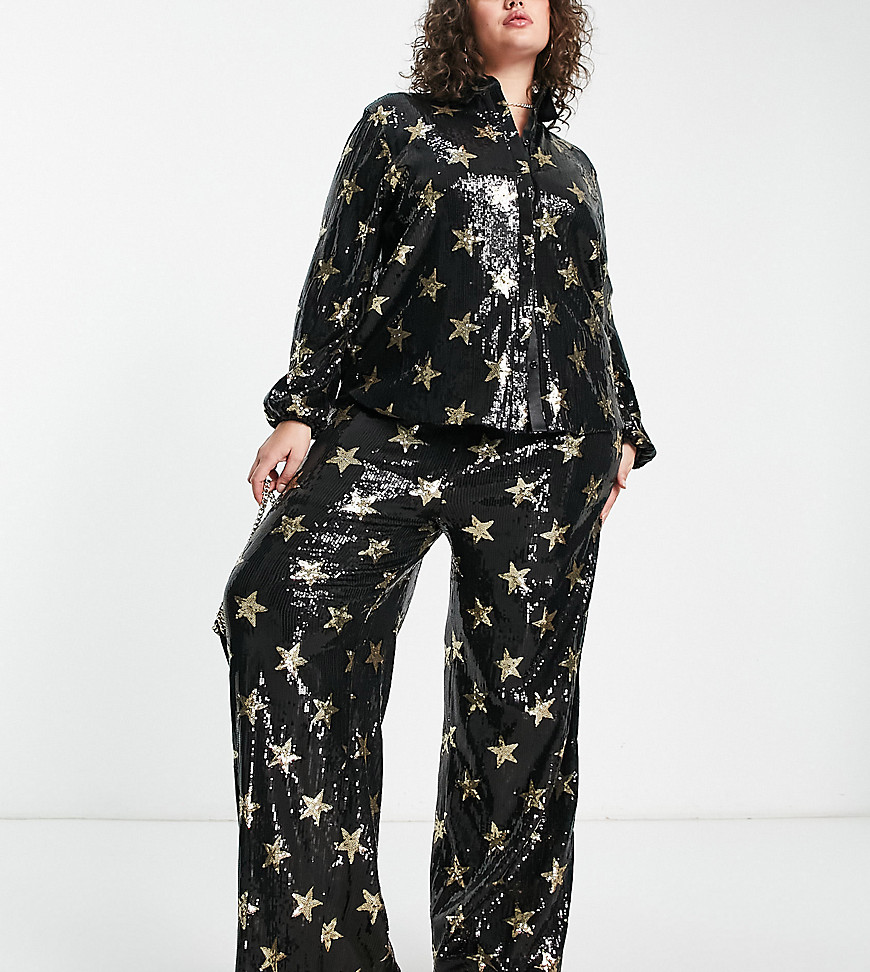 Twisted Wunder Plus wide leg trousers in sequin star print co-ord-Gold