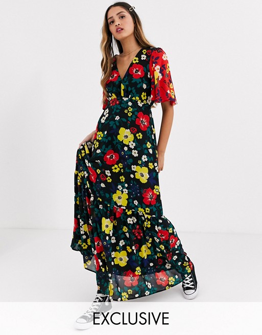 Twisted Wunder printed maxi tea dress in multi floral with contrast sleeves
