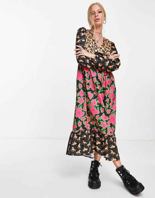 Twisted Wunder - Robe longueur mollet à manches ballon et imprimé multicolore