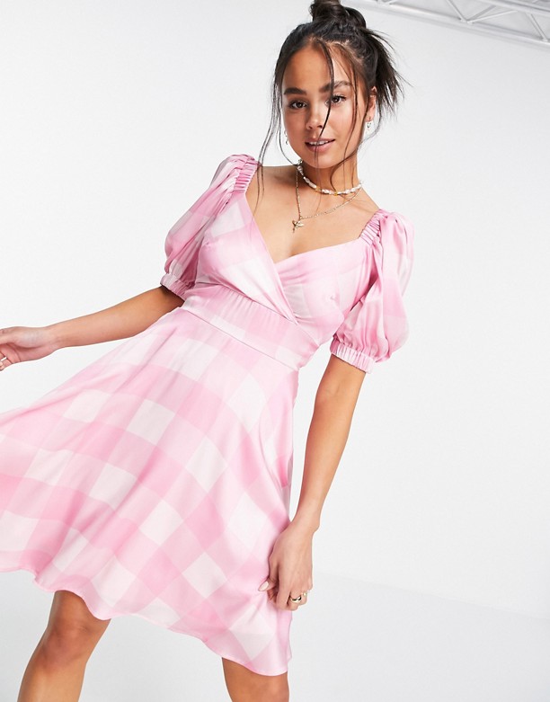 Twisted Wunder – RÓżowa sukienka mini w stylu babydoll w dużą kratę RÓżowy w dużą kratę 100% Gwarantowana 